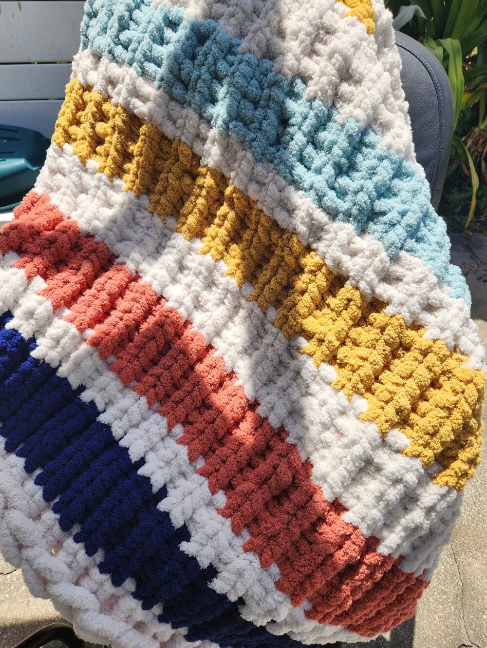 Cozy Striped Plush Throw Blanket - White, Mustard, Light Blue, Rust, Navy